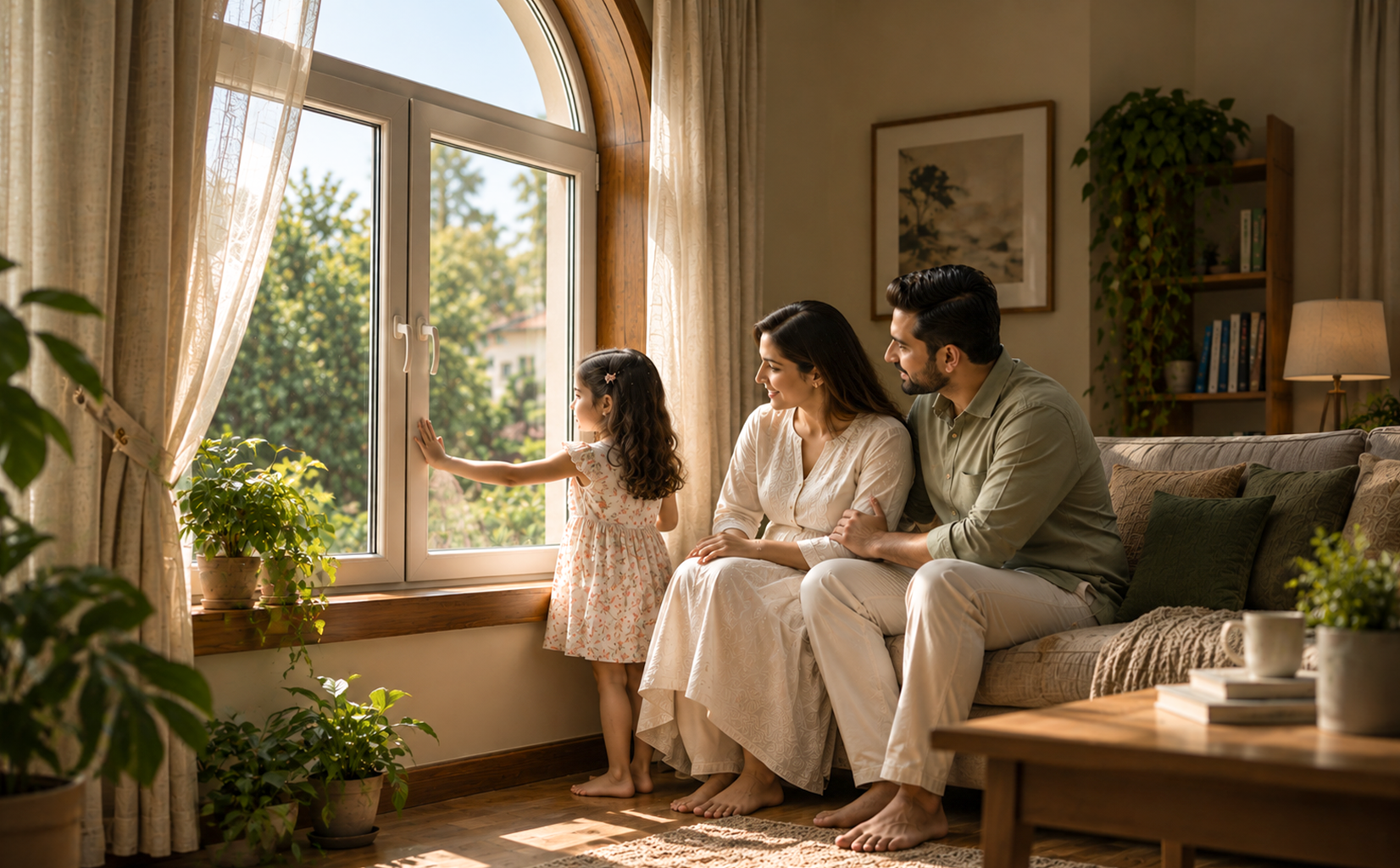 An Indian family enjoying the light by their IndiFrame window